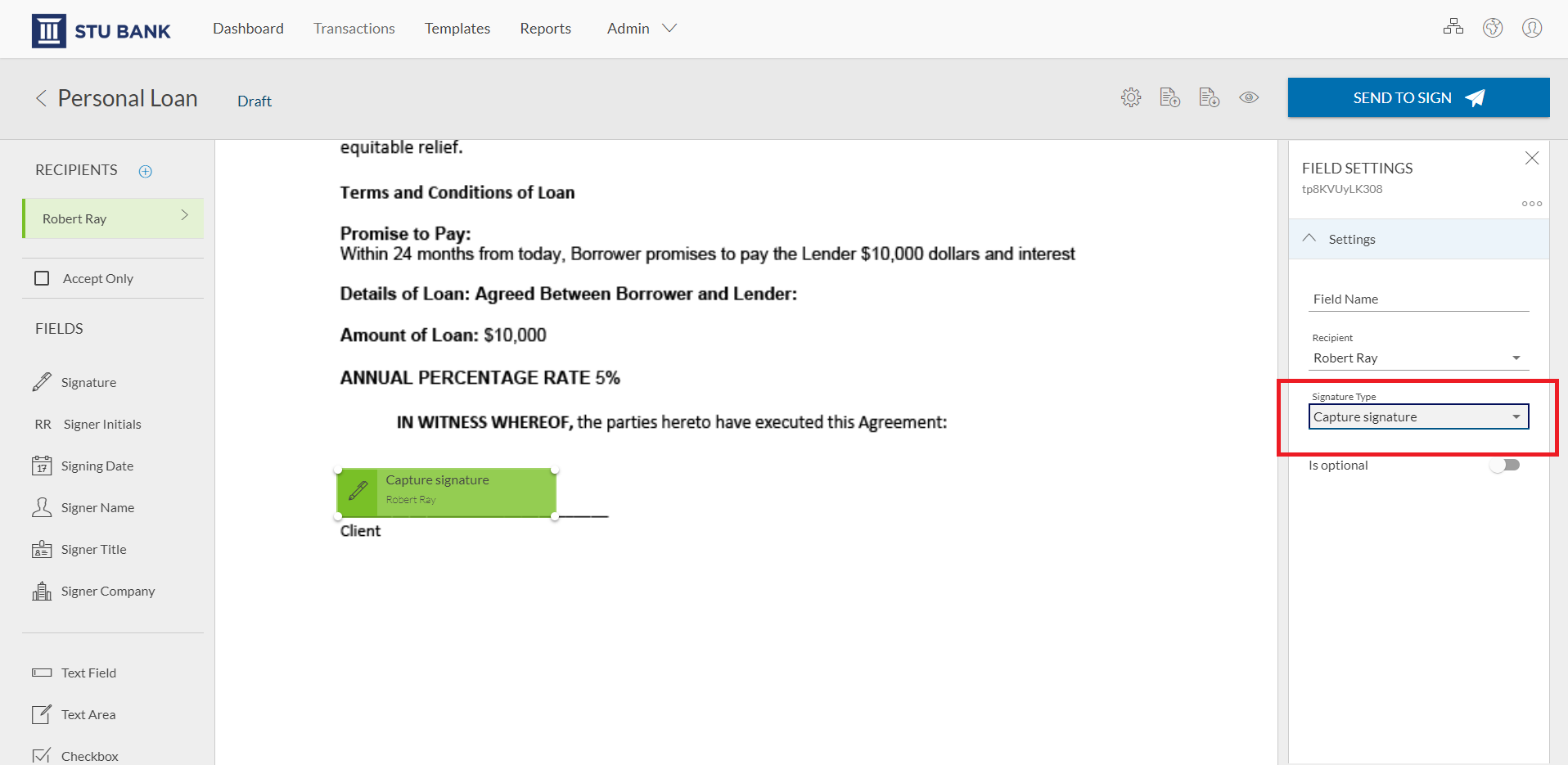 In the “Field Settings” section, select the “Capture Signature” option in the “Signature Type” dropdown menu to capture your signer’s handwritten signature in the document.  